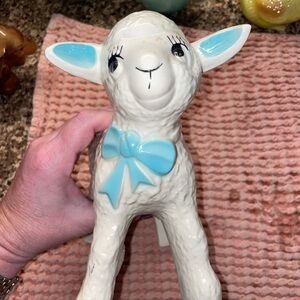 Ceramic Lamb Figurine with Blue Bow 1940s 1950s vintage McCoy planter pottery